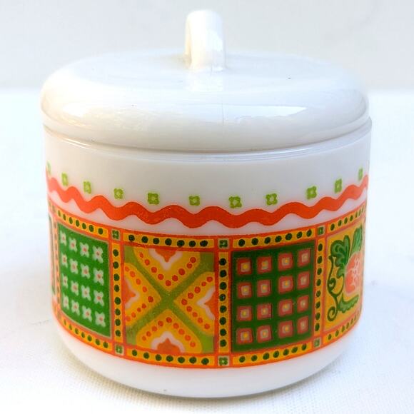 Vintage 1970s Avon Milk Glass Jar Unopened Candle Orange Green Yellow Mod Design - Picture 10 of 12